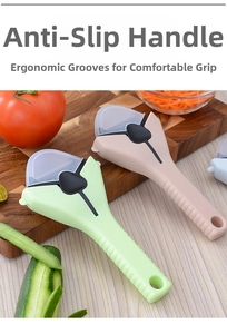 Detail of ergonomic non-slip handle and protective cover on 3-in-1 peeler tool