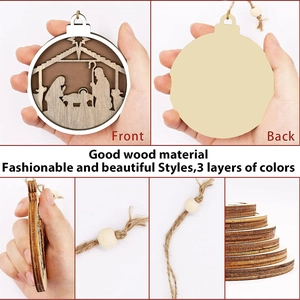 Detailed views of multi-layered wooden Christmas ornament showing Nativity scene carvings