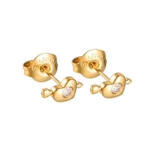 18K gold plated stainless steel heart arrow earrings with central cubic zirconia stone