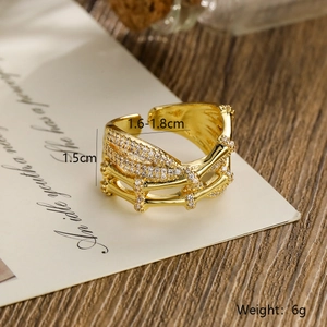 Detail showing 1.5cm gold-plated bamboo texture ring with cubic zirconia dimensions