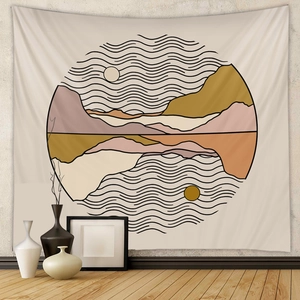 Modern abstract landscape tapestry with geometric mountains in warm earth tones for home decor