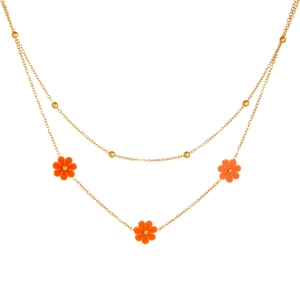 Double-layered gold stainless steel necklace with orange daisy pendants and gold beads