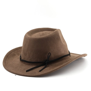 Close-up of wide-brim dark brown suede fedora featuring a black woven decorative cord