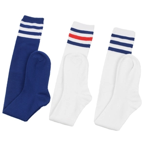 Detailed view of three pairs of striped knee-high knit socks in blue and white colors