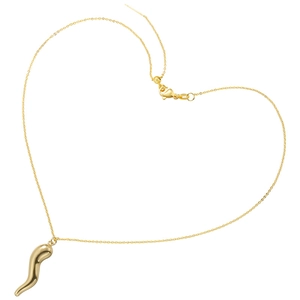 Macro detail of gold-plated S-shaped chili pendant necklace with lobster clasp closure