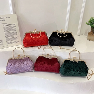 Elegant velvet evening handbags in five colors with metal ring handles and crystal clasps