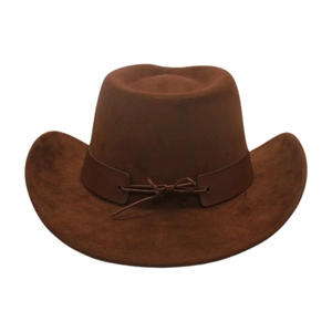 Detailed view of a classic brown suede western cowboy hat featuring a decorative leather band
