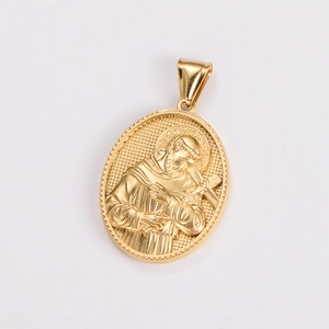 Detailed view of an oval religious relief pendant made of golden metal material