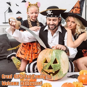 Family wearing leopard ears and pirate costumes with props for a Halloween party