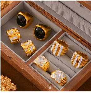 Macro shot of gold-plated geometric rings with black agate and crystals in a jewelry box