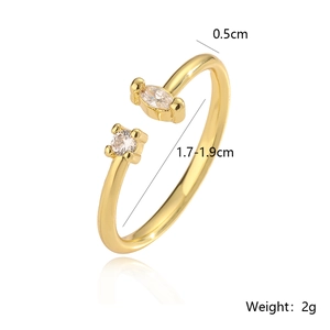 Detailed size specifications for gold plated zircon geometric ring with 2g weight data