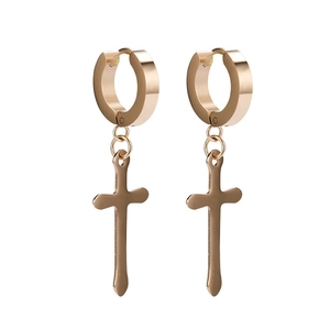 Rose gold stainless steel cross dangle earrings with polished finish on white background