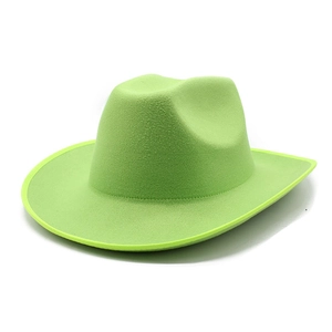 Detailed side view of neon green western cowboy hat with wide rolled brim and felt texture