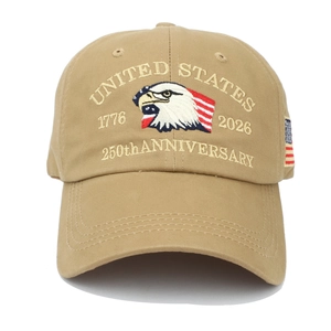 Close-up of eagle embroidery and 250th anniversary lettering on khaki cotton baseball cap