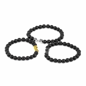 Three-piece set of 8mm matte black lava stone bracelets with Live Lift dumbbell charms