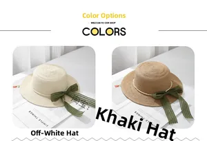 Flat top straw sun hats in off-white and khaki with dark green chiffon ribbon bows