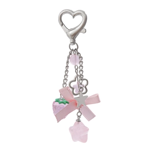 Pink strawberry bow keychain with silver heart clasp and floral star charms for women