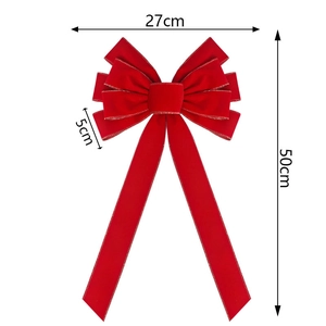 Large red flocked velvet Christmas bow decoration for holiday hanging 27x50cm