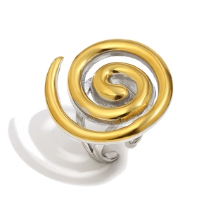 Spiral two-tone 18K gold and silver plated stainless steel open ring for women