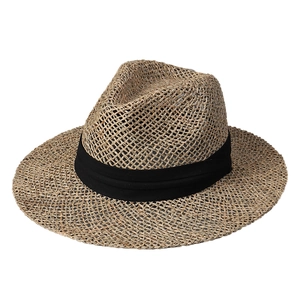 Breathable straw boater hat with flat top and black ribbon band for summer outdoor travel