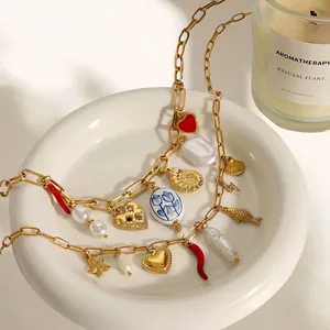 Stainless Steel Necklace With Artificial Baroque Pearl Enamel Heart Starfish Charms Waterproof Hypoallergenic Jewelry For Women