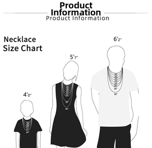 Detailed necklace length size chart for child, female, and male models with measurements