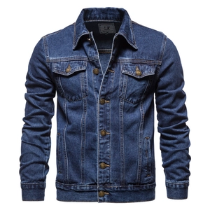 Classic dark blue washed denim jacket for men featuring a lapel collar and metal buttons