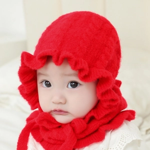 Winter knitted baby hat and scarf set in red with ruffle details and neck ties