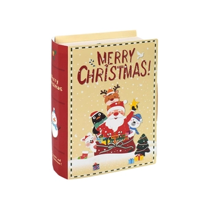 Christmas book-shaped gift box with Santa and reindeer motifs for holiday party favors