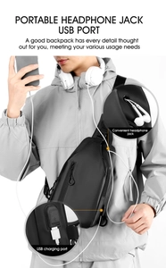 Detail of crossbody chest bag featuring built-in USB charging port and headphone jack
