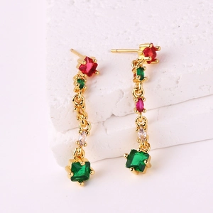 18K gold plated geometric fringe earrings with red and green gemstones on stones