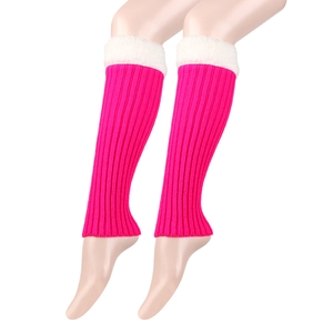 Close-up of rose red knit leg warmers with soft white faux fur trim on model