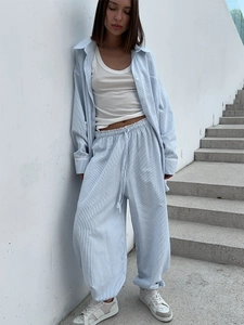 Blue striped oversized shirt and wide leg pants two-piece set with lace trim detail