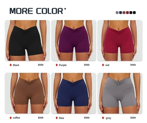 Selection of high-waist yoga shorts with V-cross waistband and ruching in six varied colors