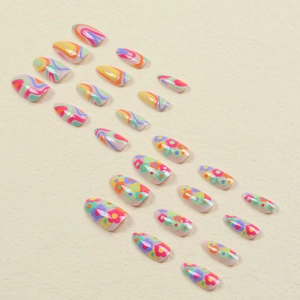 Rainbow swirl and floral press-on nail set with 24 pieces in various sizes for manicure