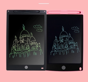Close-up of black and pink LCD writing tablets showing bright colorful sketches and stylus