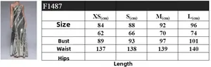 Size chart for halter tassel sequin evening dress showing XS to L measurements