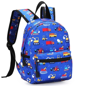 Blue 10.6-inch kids backpack with colorful construction vehicle prints in a 45-degree view