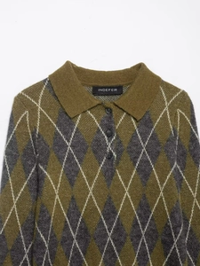 Detailed view of the diamond argyle knit pattern and collar on an olive green POLO shirt