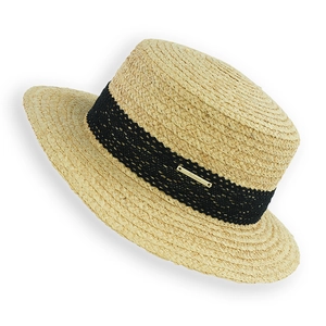 Women Straw Boater Hat Raffia Large Brim Sun Protection Beach Travel Summer Vacation With Lace Ribbon And Metal Logo