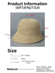 Size chart for breathable knit bucket hat showing 54-58cm circumference and cotton blend fabric