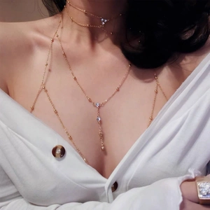 Body Chain Jewelry Alloy Rhinestone Artificial Pearl Multilayer Bikini Accessory Sexy Beach Party Fashionable Bohemia Women Adjustable