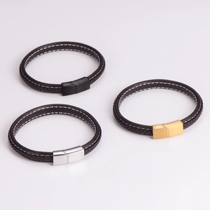 Pulseras de cuero negro trenzado con cierres magnéticos negros, plateados y dorados