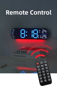 Detailed view of LED digital wall clock with infrared remote for RGB color and brightness