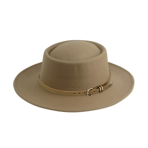 Classic khaki wool fedora hat with a flat brim and brown leather belt buckle strap