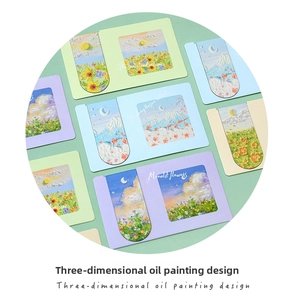 Detail view showing 3D oil painting texture on magnetic bookmarks with floral scenery