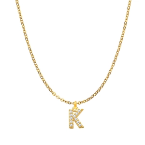 Close-up of gold letter K pendant with micro-pave crystals on a fine link chain