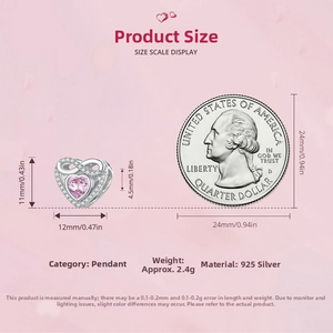 Size comparison of S925 silver infinity heart charm with pink gemstone and US coin