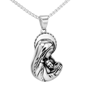 Collier Pendentif Vierge Marie et Enfant Jésus en Acier Inoxydable Vintage Bijoux Religieux Relief de Personnage pour Hommes Femmes