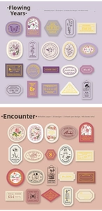 Detailed view of vintage aesthetic planner stickers in purple and pink color schemes
